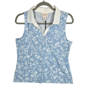 Laura Ashley Sleeveless Polo Collared Top L Blue White Floral Preppy Coastal NWT